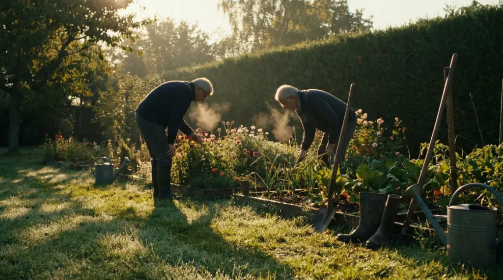 Jardin au lever du jour avec deux personnes et rosée sur l’herbe