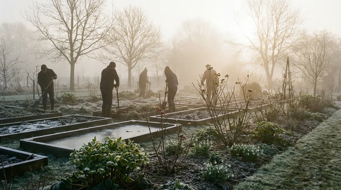 Jardin brumeux matin plantations précoces froid