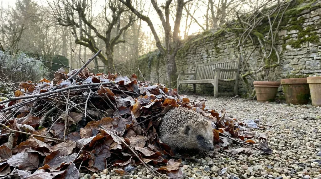 jardin avec tas de feuilles et hérisson sortant d'hibernation