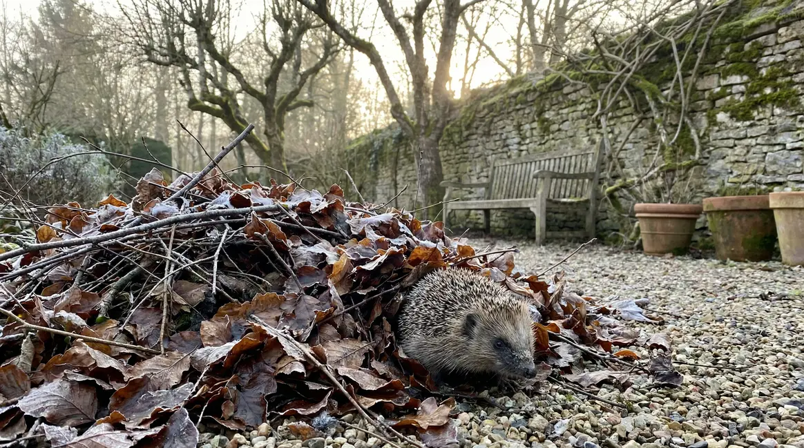 jardin avec tas de feuilles et hérisson sortant d'hibernation