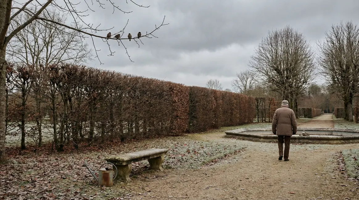 Jardin francais haie taillee ambiance hiver peu d oiseaux