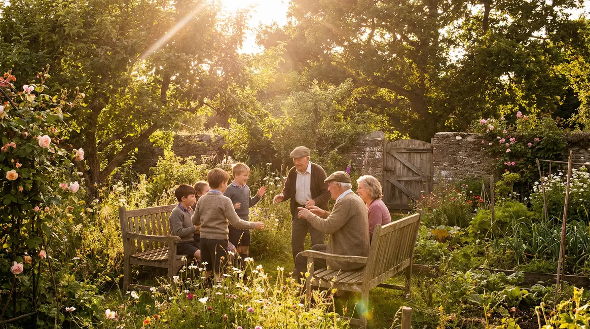 Soleil sur jardin partagé enfants personnes âgées ambiance chaleureuse