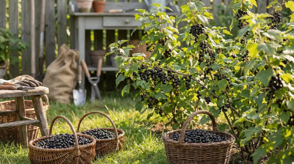 Cassissiers adultes chargés de fruits noirs en jardin en été