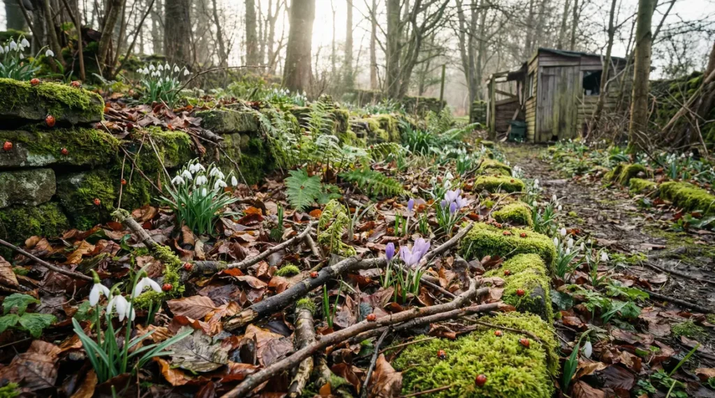 Jardin naturel début printemps avec feuilles mortes et coccinelles