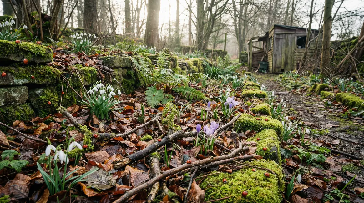 Jardin naturel début printemps avec feuilles mortes et coccinelles