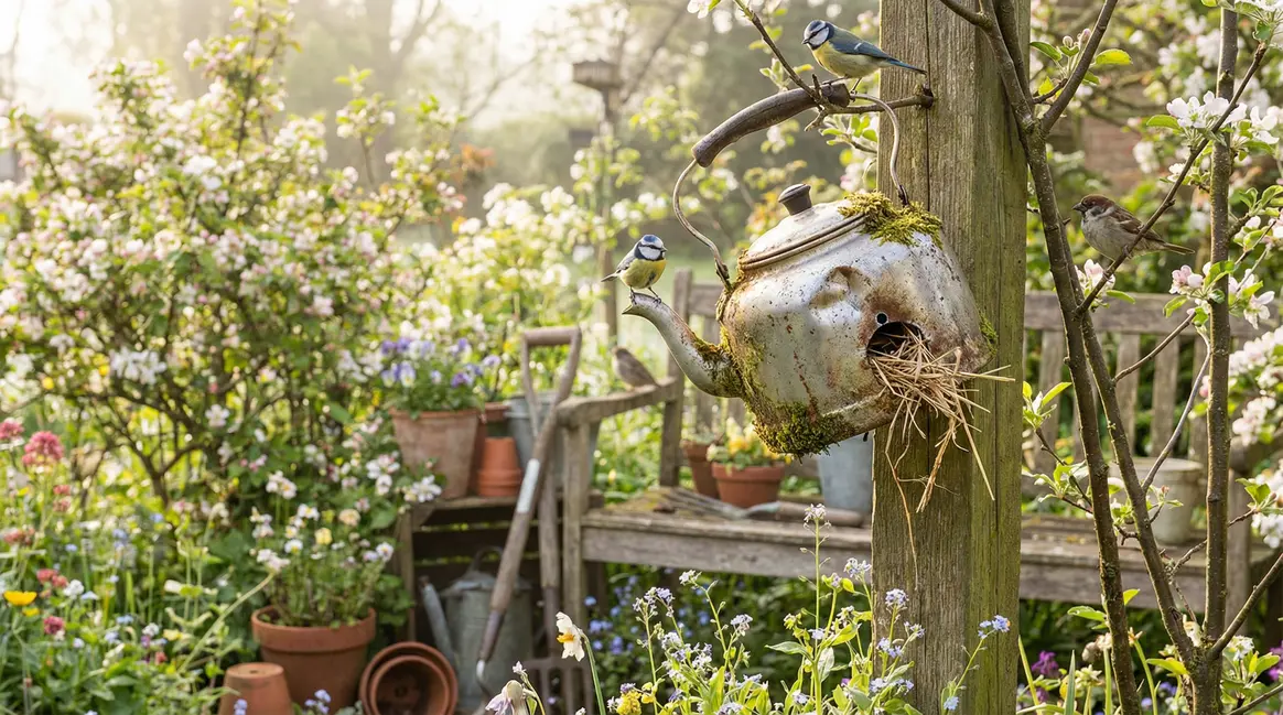 theiere transforme en nichoir oiseaux brocante printemps