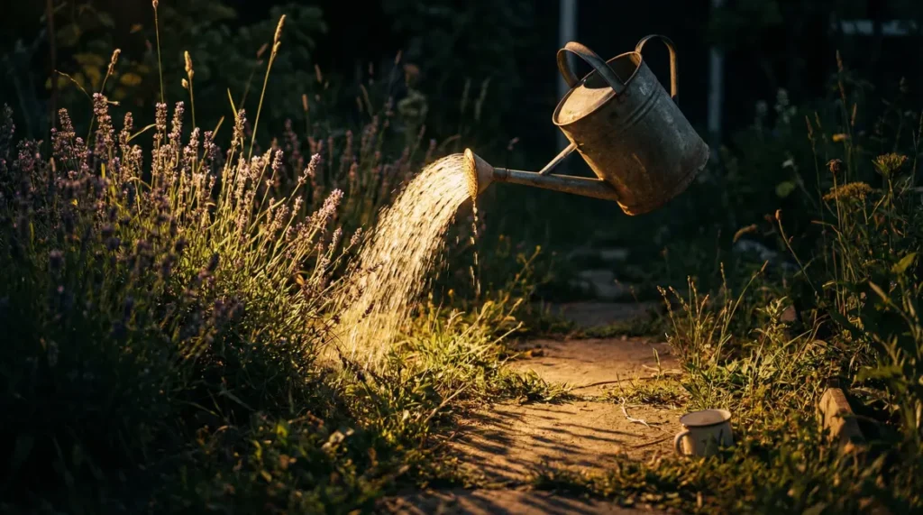 Arrosoir solaire projetant lumiere chaude jardin nuit