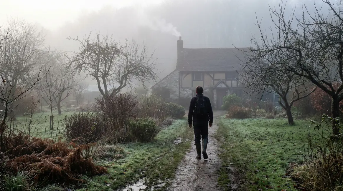 jardin au petit matin brume arbre nu homme bottes