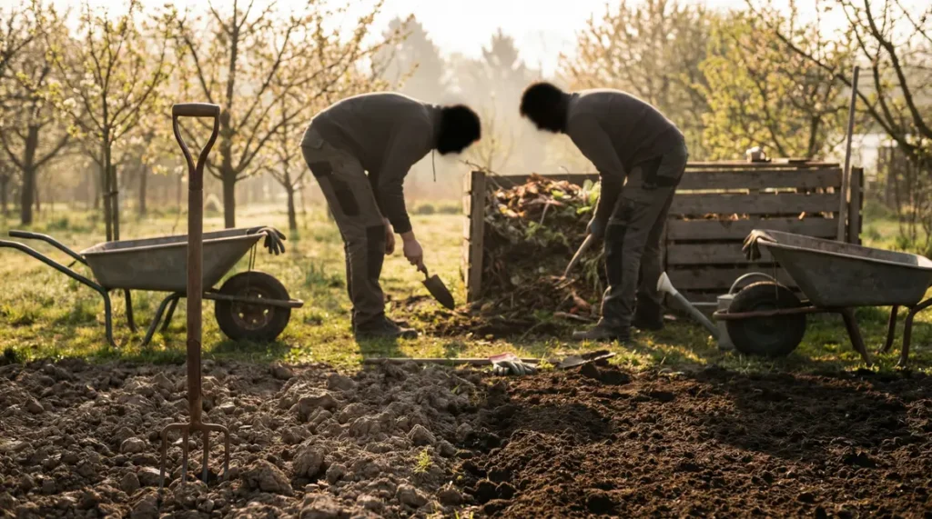Jardin printanier deux jardiniers terre argileuse loameuse outils compost
