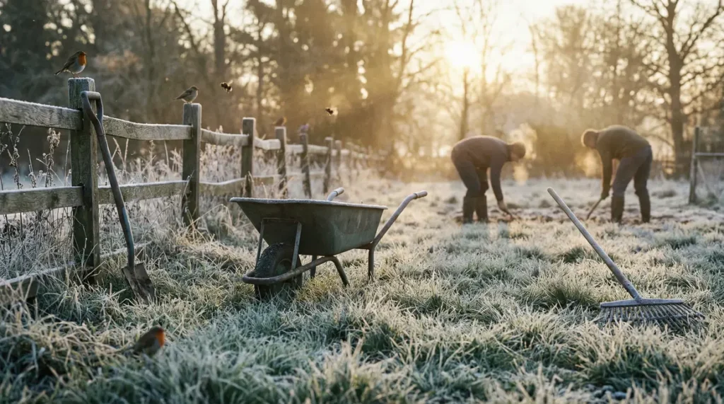 Jardin printemps avec givre, bottes crottées, outils, oiseaux et insectes