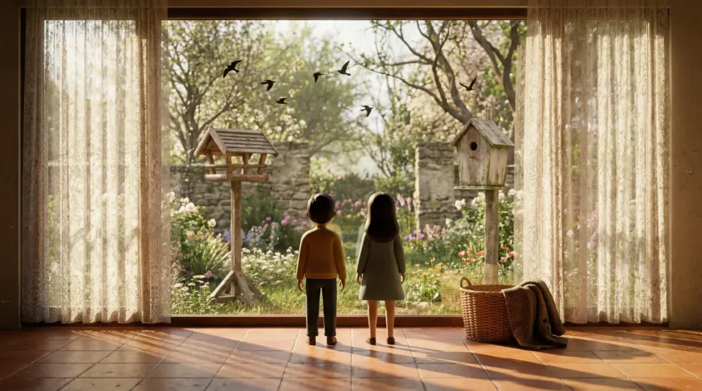 vue jardin printemps avec nichoir et mangeoire