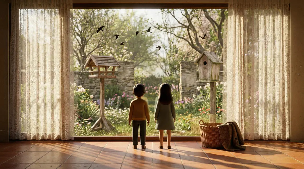 vue jardin printemps avec nichoir et mangeoire