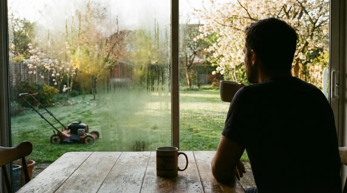 Homme observant pelouse printemps depuis fenêtre