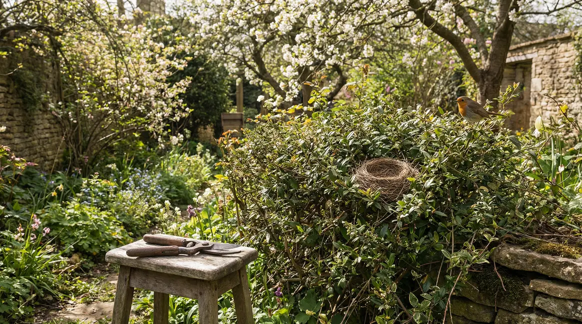 jardin avec sécateur posé près d'une haie et nid oiseau, printemps