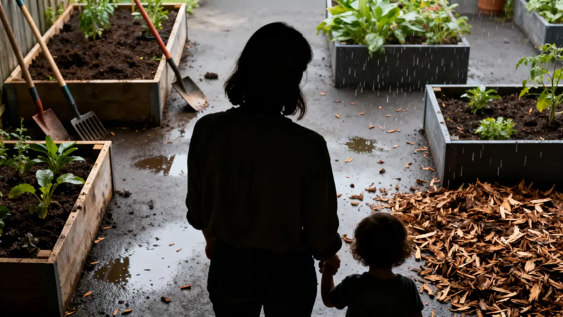Femme et enfant jardinage terre humide