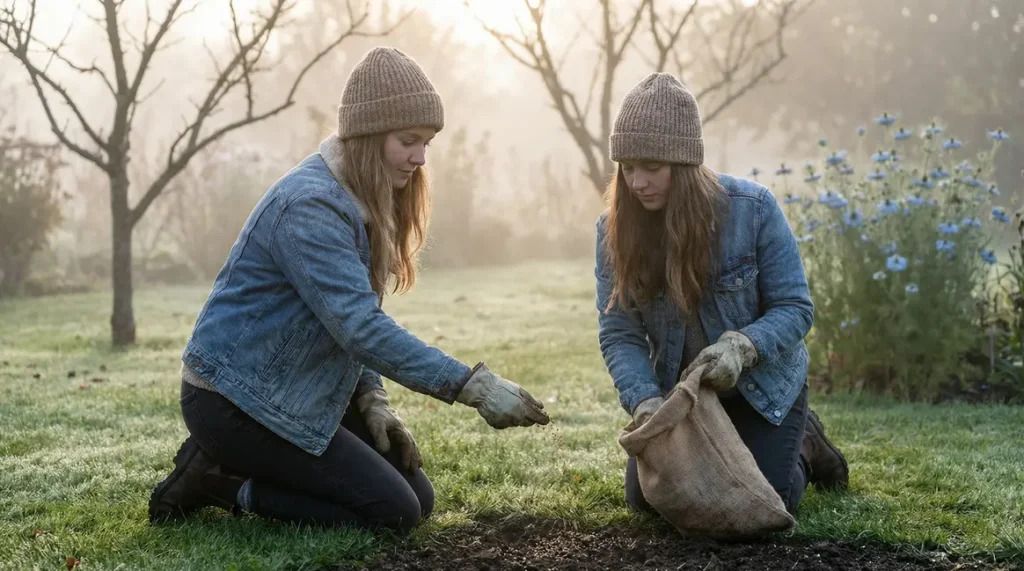 Jeune femme sème graines nigelle Damas matin brumeux jardin