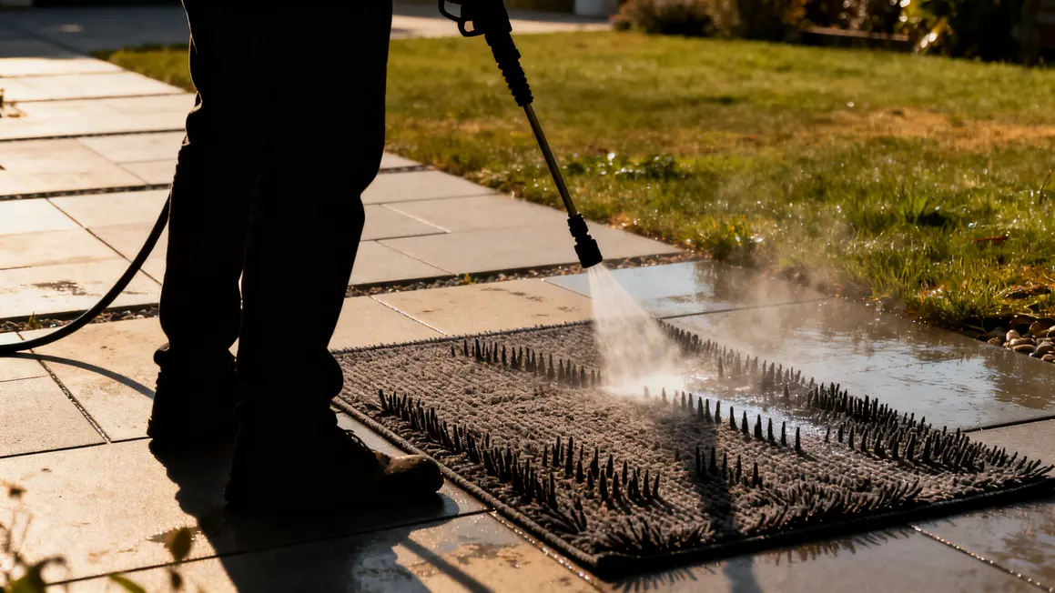 Nettoyeur haute pression sur tapis extérieur fibres relevées