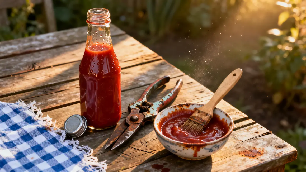 Ketchup et sécateurs rouillés sur table de jardin