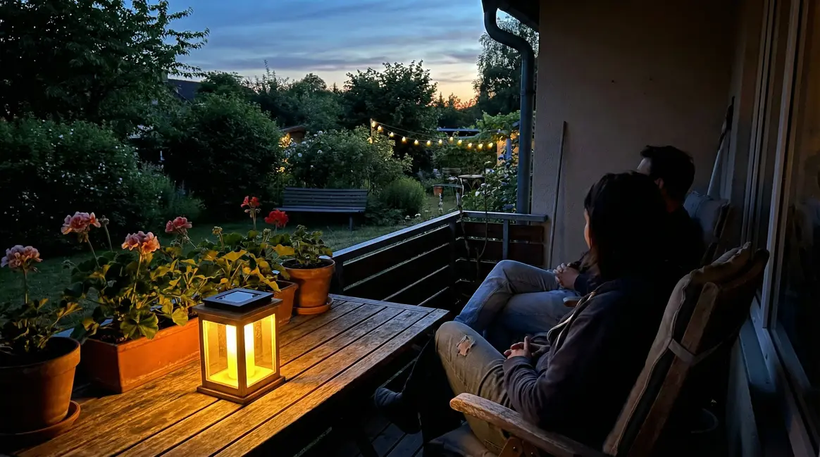 Lanterne solaire illumine balcon et jardin au crepuscule