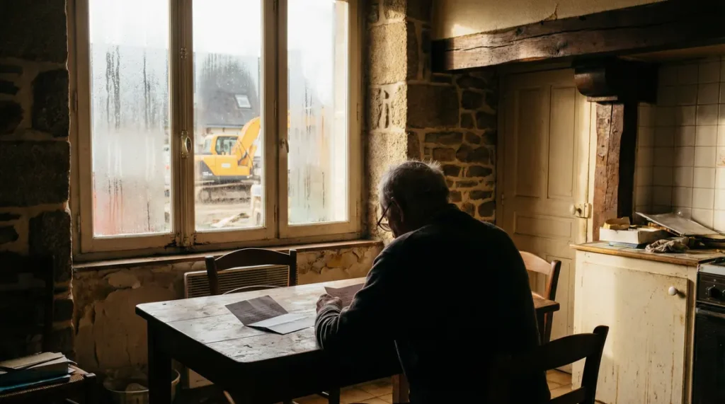 Homme âgé découvrant lettre de taxe foncière dans cuisine à Rennes pelleteuse