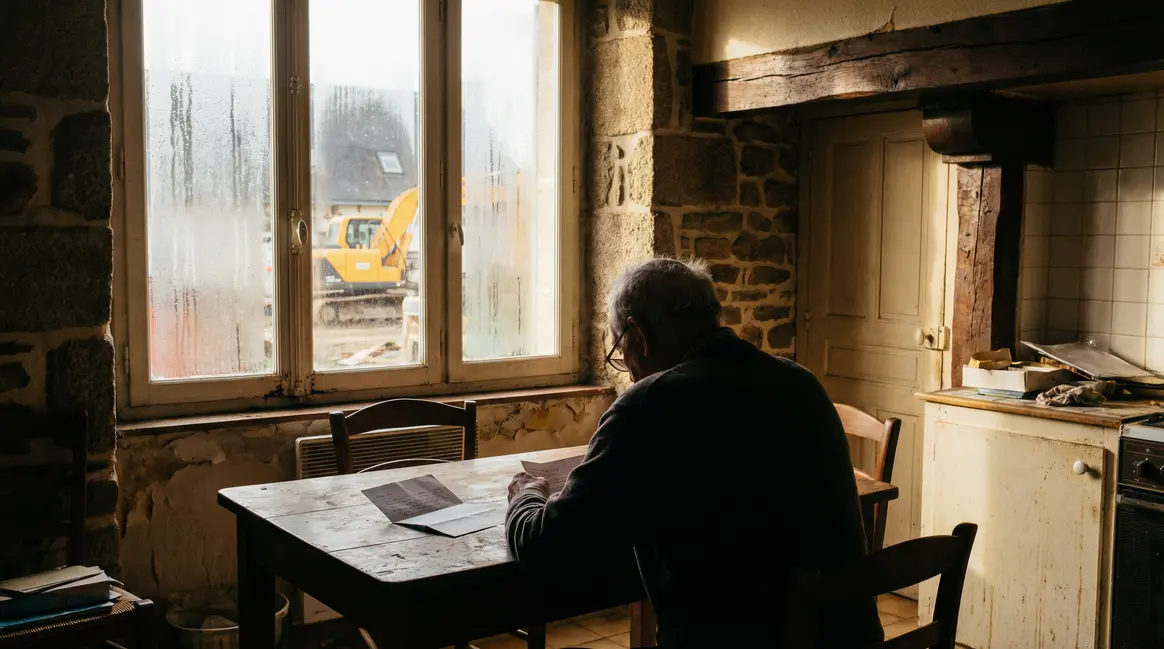 Homme âgé découvrant lettre de taxe foncière dans cuisine à Rennes pelleteuse
