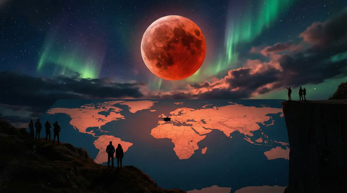 Lune rouge eclipse totale affichee sur carte mondiale France sombre