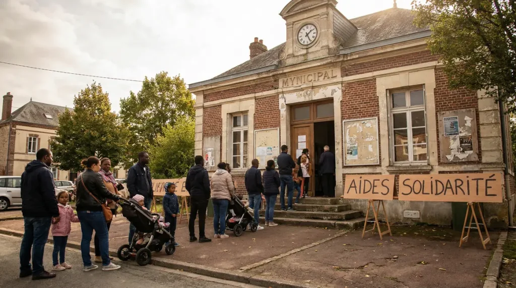Mairie avec familles devant pour aides