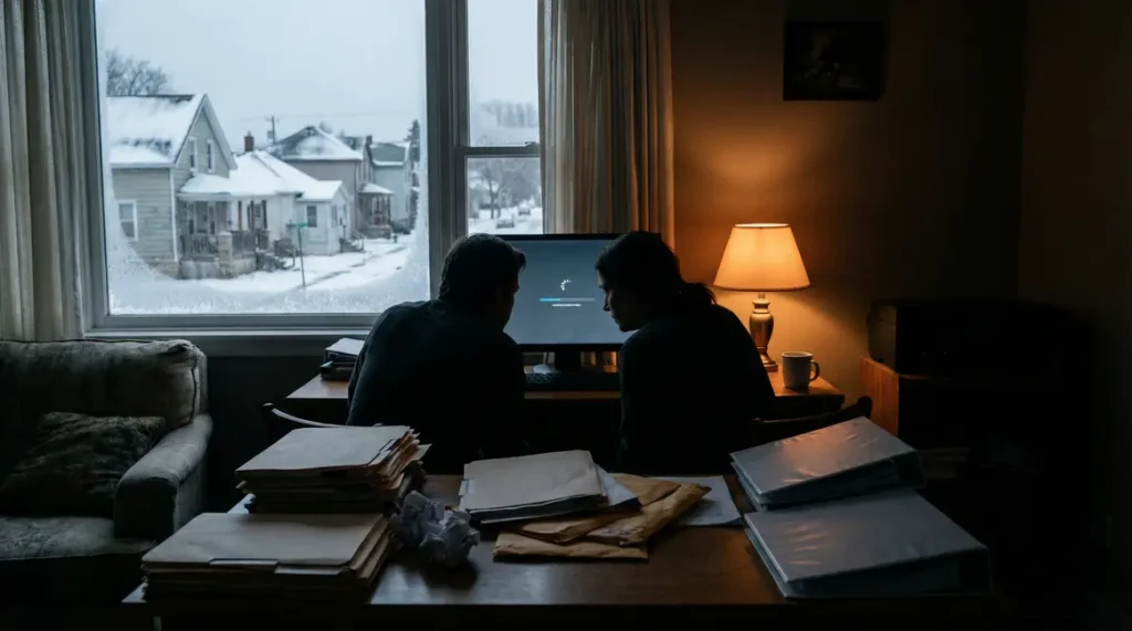 Personnes attendant MaPrimeRénov 2026 devant ordinateur dossiers hiver