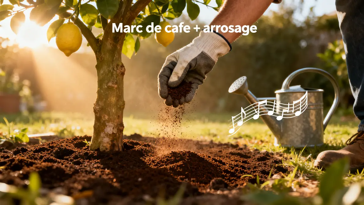 Main gantée marc de café arrosoir citronnier