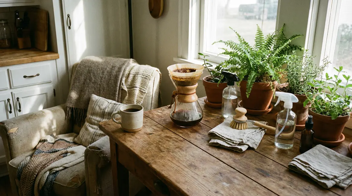 Marc de cafe et tasse dans cuisine ecologique