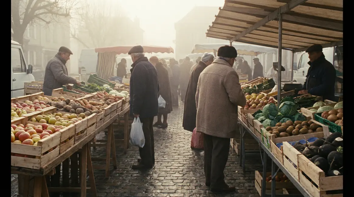 Marché d'hiver province étals fruits légumes brume