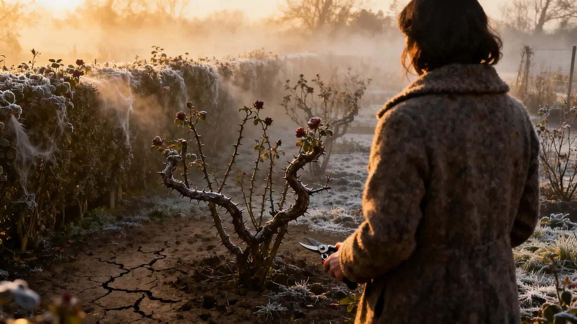 matin froid jardin lyonnais rosiers tordus sécateur