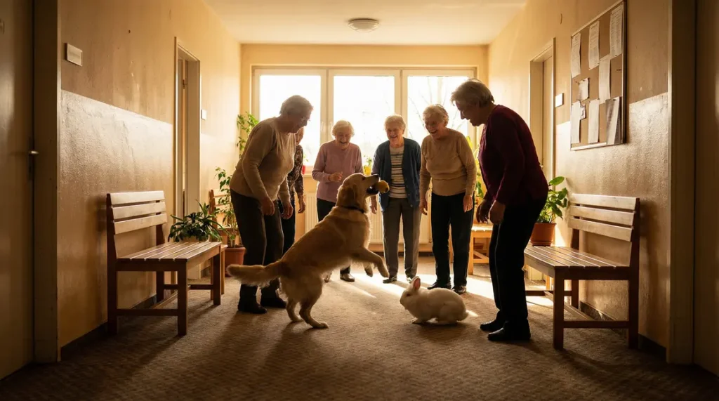mediation animale ehpad seniors, chien et lapin apportent chaleur