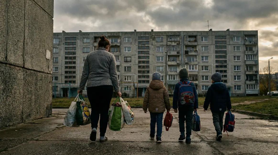 mère seule enfants précarité immeuble sacs courses