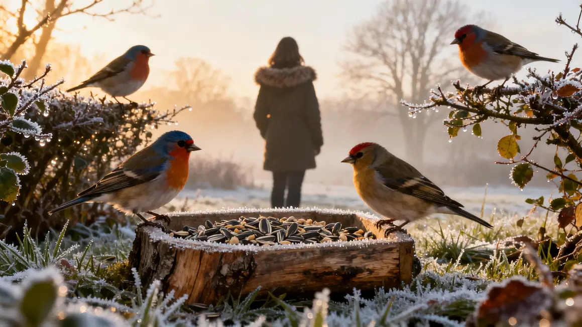 Petits oiseaux sur branches givrées près mangeoire