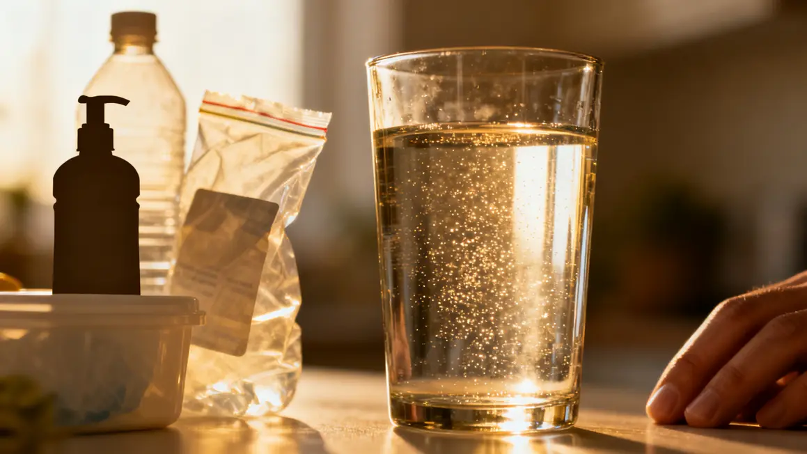 Verre d'eau du robinet avec particules microplastiques