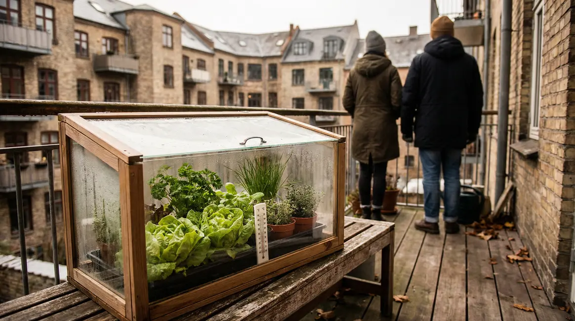 mini serre B&M compacte avec salades sur balcon urbain en hiver