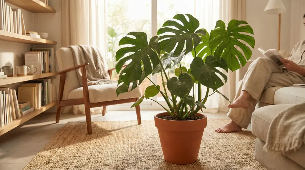 Monstera luxuriant dans piece lumineuse moderne