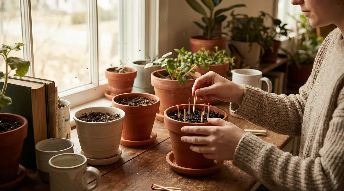 Scene pots de fleurs moucherons et insertion allumettes