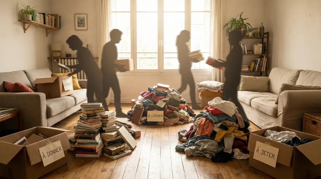 Move Out salon avec boîtes de tri et ambiance rangement