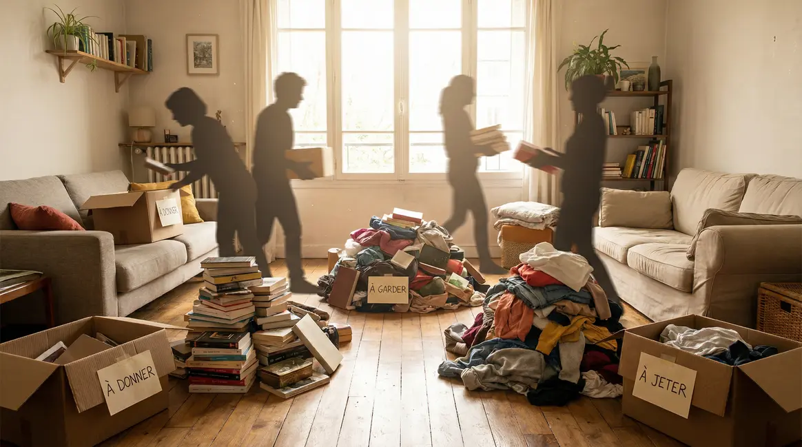 Move Out salon avec boîtes de tri et ambiance rangement