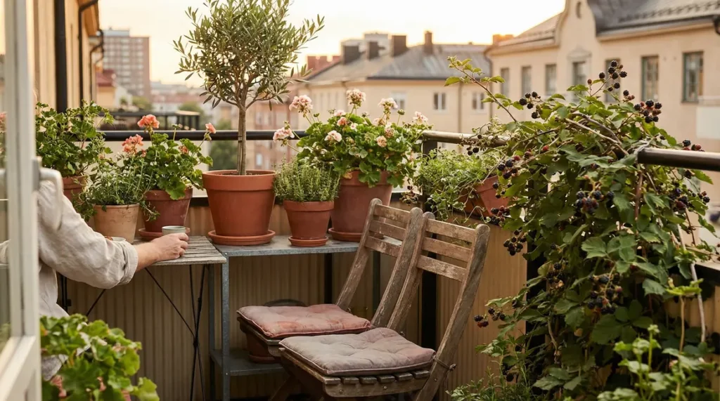 Petit mûrier en pot productif sur balcon urbain