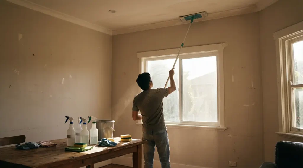 Intérieur propre plafond et murs nettoyés balai plat télescopique