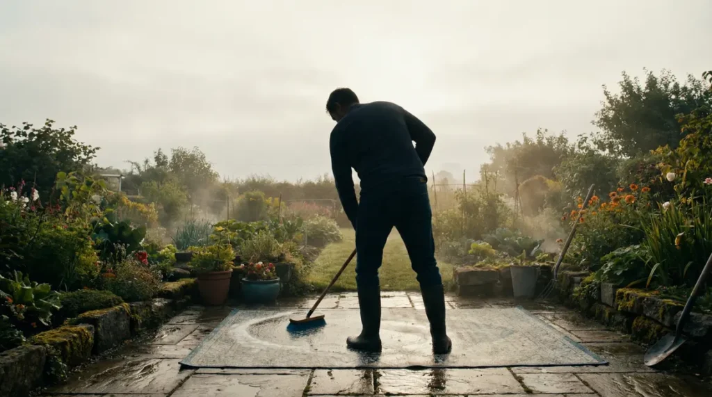 Homme nettoyant tapis jardin au petit matin
