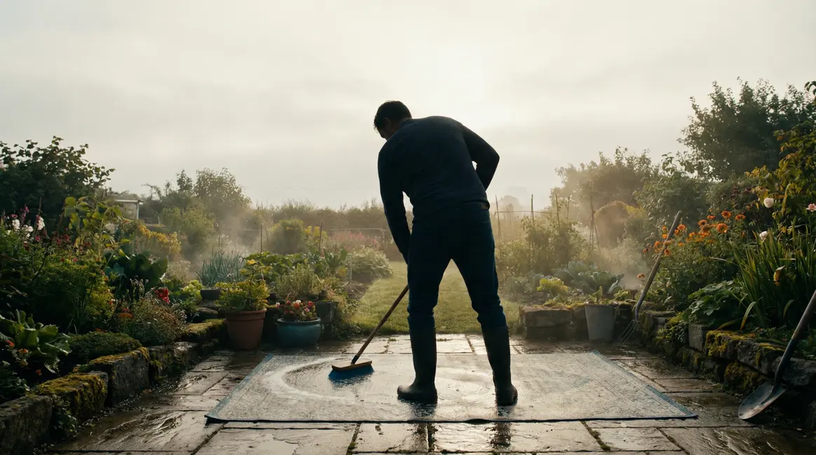 Homme nettoyant tapis jardin au petit matin