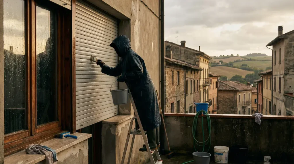 Personne nettoie volet roulant sous la pluie