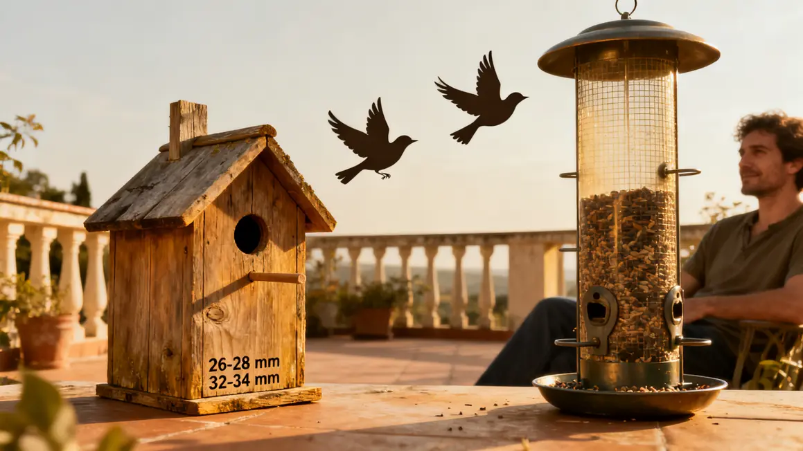 nichoir et mangeoire sur terrasse avec oiseaux