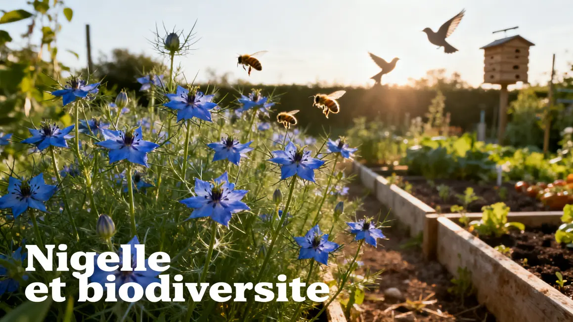 Nigelle Damas fleurs bleues abeilles et oiseaux potager