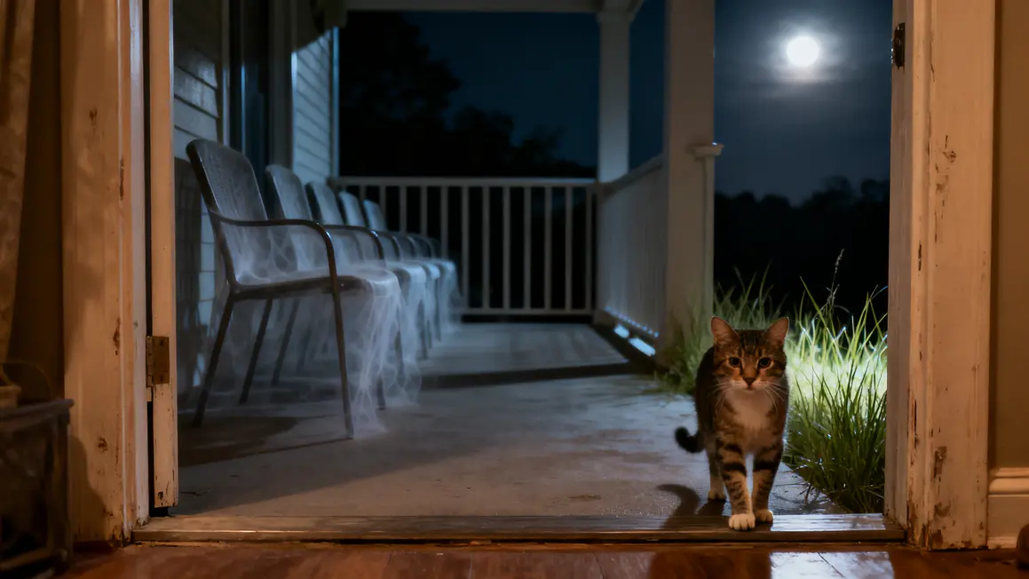 Balcon nocturne sans lumiere avec chat et fauteuils