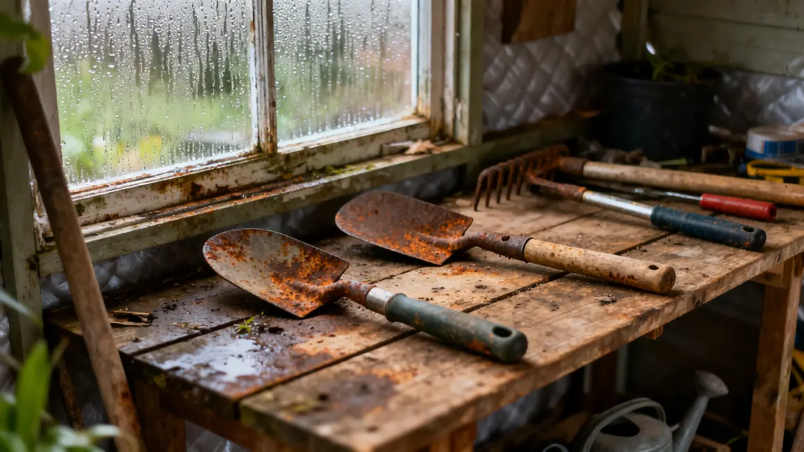 Outils de jardin taches de rouille sur établi